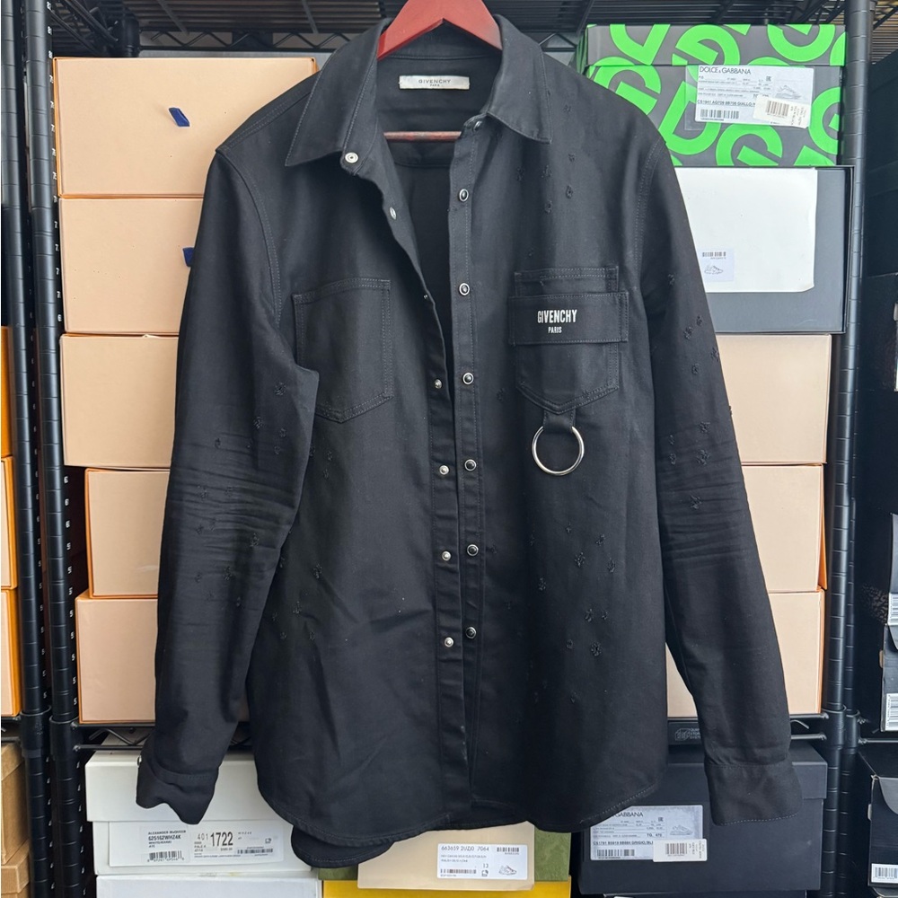 Givenchy Distressed Denim Shirt with Pocket Ring Detail